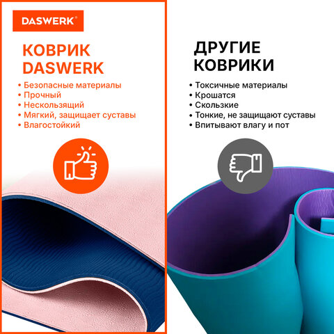 Коврик для йоги и фитнеса двухцветный, ТПЭ, 183x61x0,6 см, светло-розовый/синий, DASWERK, 680032
