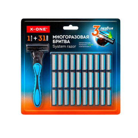 Бритвенный станок многоразовый мужской, 3 лезвия, 31 кассета, синий, X-ONE, 700024