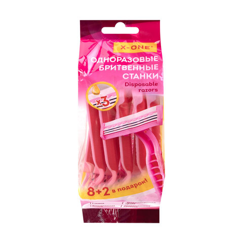 Бритвенные станки одноразовые, 3 лезвия, увлажняющая полоска, фиксированная головка, 10 шт., розовый, X-ONE (ИКС-УАН), 700031