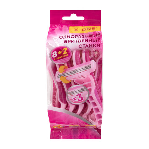 Бритвенные станки одноразовые, 3 лезвия, увлажняющая полоска, плавающая головка, 10 шт., розовый, X-ONE (ИКС-УАН), 700035
