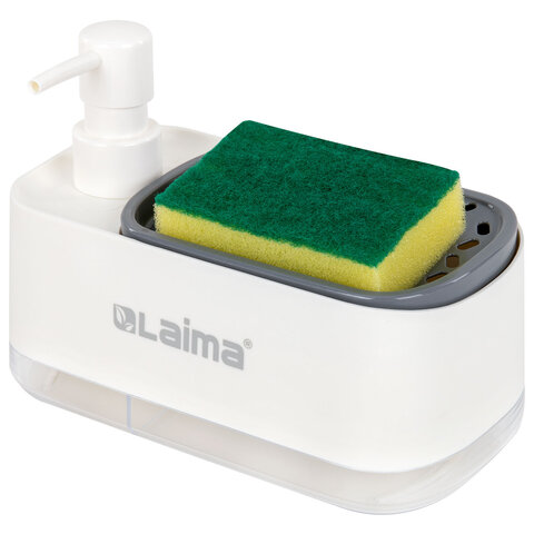 Диспенсер/дозатор DUET для мыла и моющего средства + губка, БЕЛЫЙ, 11х20х12см, LAIMA HOME, 700043