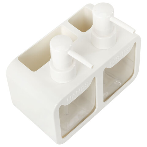 Дозатор DOUBLE двойной для мыла и моющего средства 2х350мл, БЕЛЫЙ, 10х18х17см, LAIMA HOME, 700044