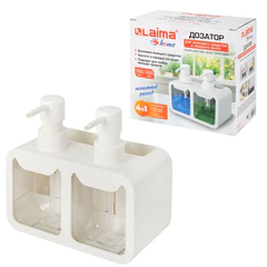 Дозатор DOUBLE для мыла/<wbr/>геля и моющего средства/<wbr/>шампуня, 2&times;350 мл, органайзер для губок и щеток, БЕЛЫЙ, 10&times;18&times;17 см, LAIMA HOME, 700044