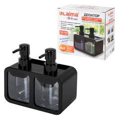 Дозатор DOUBLE для мыла/<wbr/>геля и моющего средства/<wbr/>шампуня, 2&times;350 мл, органайзер для губок и щеток, ЧЕРНЫЙ, 10&times;18&times;17 см, LAIMA HOME, 700045