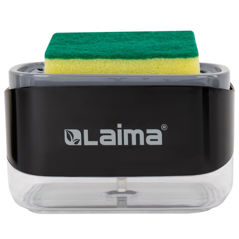 Диспенсер/дозатор DUET+ для мыла и моющего средства + губка, ЧЕРНЫЙ, 11х22х12см, LAIMA HOME, 700046