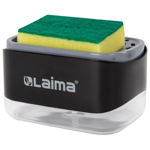 Диспенсер/дозатор DUET+ для мыла и моющего средства + губка, ЧЕРНЫЙ, 11х22х12см, LAIMA HOME, 700046