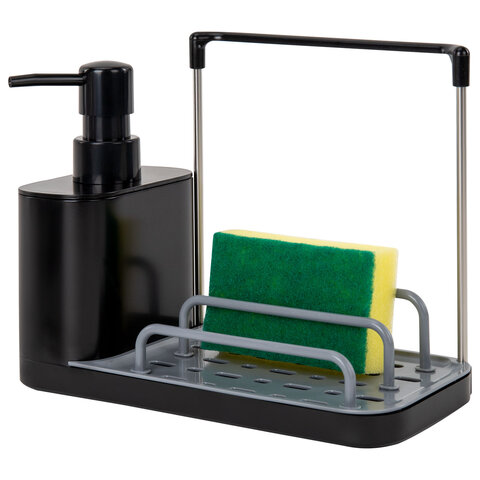 Диспенсер/дозатор DUET+ для мыла и моющего средства + губка, ЧЕРНЫЙ, 11х22х12см, LAIMA HOME, 700046