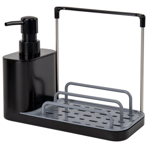 Диспенсер/дозатор DUET+ для мыла и моющего средства + губка, ЧЕРНЫЙ, 11х22х12см, LAIMA HOME, 700046