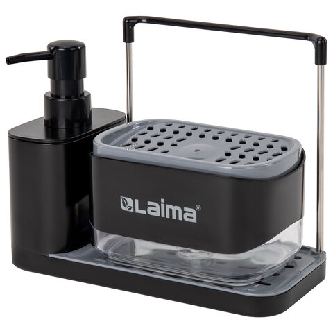 Диспенсер/дозатор DUET+ для мыла и моющего средства + губка, ЧЕРНЫЙ, 11х22х12см, LAIMA HOME, 700046
