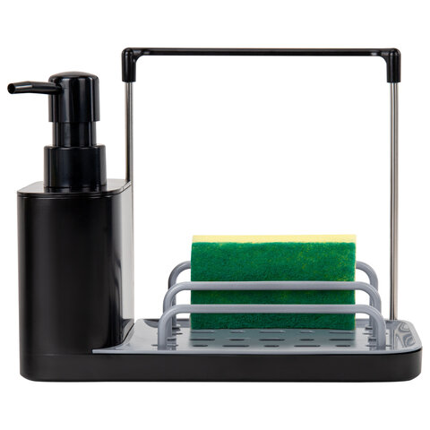 Диспенсер/дозатор DUET+ для мыла и моющего средства + губка, ЧЕРНЫЙ, 11х22х12см, LAIMA HOME, 700046