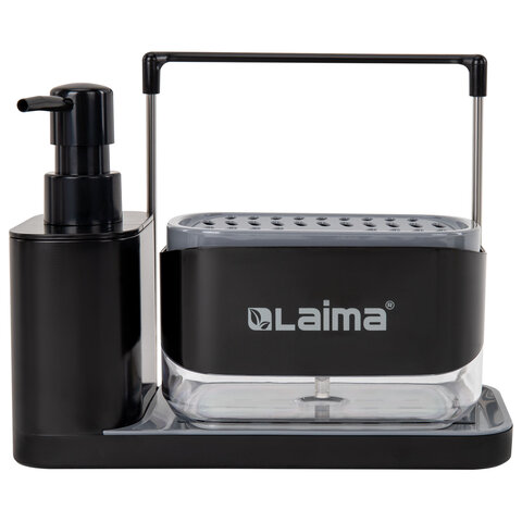 Диспенсер/дозатор DUET+ для мыла и моющего средства + губка, ЧЕРНЫЙ, 11х22х12см, LAIMA HOME, 700046