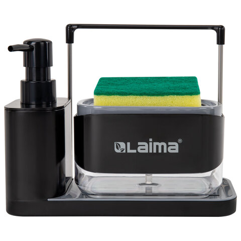 Диспенсер/дозатор DUET+ для мыла и моющего средства + губка, ЧЕРНЫЙ, 11х22х12см, LAIMA HOME, 700046