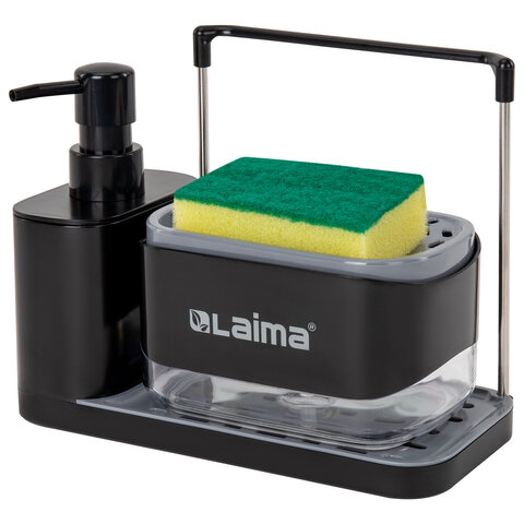 Диспенсер/дозатор DUET+ для мыла и моющего средства + губка, ЧЕРНЫЙ, 11х22х12см, LAIMA HOME, 700046