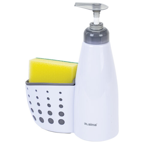 Дозатор для моющего средства, органайзер кухонный + губка, БЕЛЫЙ, 8х20х16см, LAIMA HOME, 700048