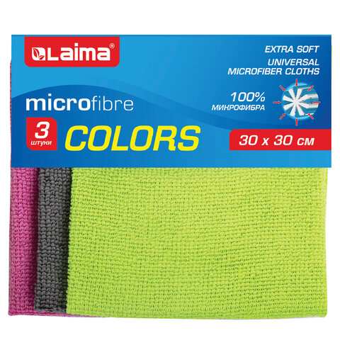 Салфетки из МИКРОФИБРЫ универсальные, 30х30 см, КОМПЛЕКТ 3 шт., ассорти (розовый, зеленый, серый), 180 г/м2, LAIMA, 700054