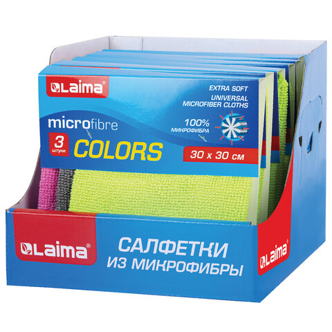 Салфетки из МИКРОФИБРЫ универсальные, 30х30см, КОМПЛЕКТ 3шт, ассорти, 180 г/м2, LAIMA, 700054