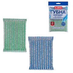 Губка-скрабер для ЭМАЛИ и ТЕФЛОНА, размер 13&times;8,5&times;1,5 см, КОМПЛЕКТ 2 штуки, посуда, уборка, LAIMA, 700057