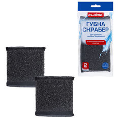 Губка-скрабер 11&times;10&times;1,5 см, поролон + металлическая оплетка КОМПЛЕКТ 2 штуки, посуда, уборка, LAIMA, 700058