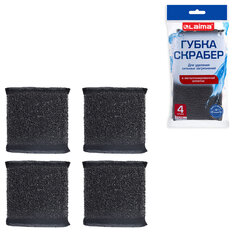 Губка-скрабер 11&times;10&times;1,5 см, поролон + металлическая оплетка, КОМПЛЕКТ 4 штуки, посуда, уборка, LAIMA, 700059