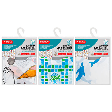 Шторка для ванной PEVA, 180х180 см, кольца в комплекте, 3 дизайна ассорти, МОРЕ, PRIMILA (ПРИМИЛА), 700074