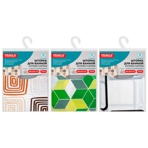 Шторка для ванной PEVA, 180х200 см, кольца в комплекте, 3 дизайна ассорти, ФИГУРЫ, PRIMILA (ПРИМИЛА), 700075