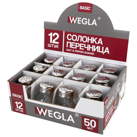 Солонка-перечница 50 мл, BASIC, баночка для специй, стекло/сталь, дисплей, WEGLA (ВЕГЛА), 700224