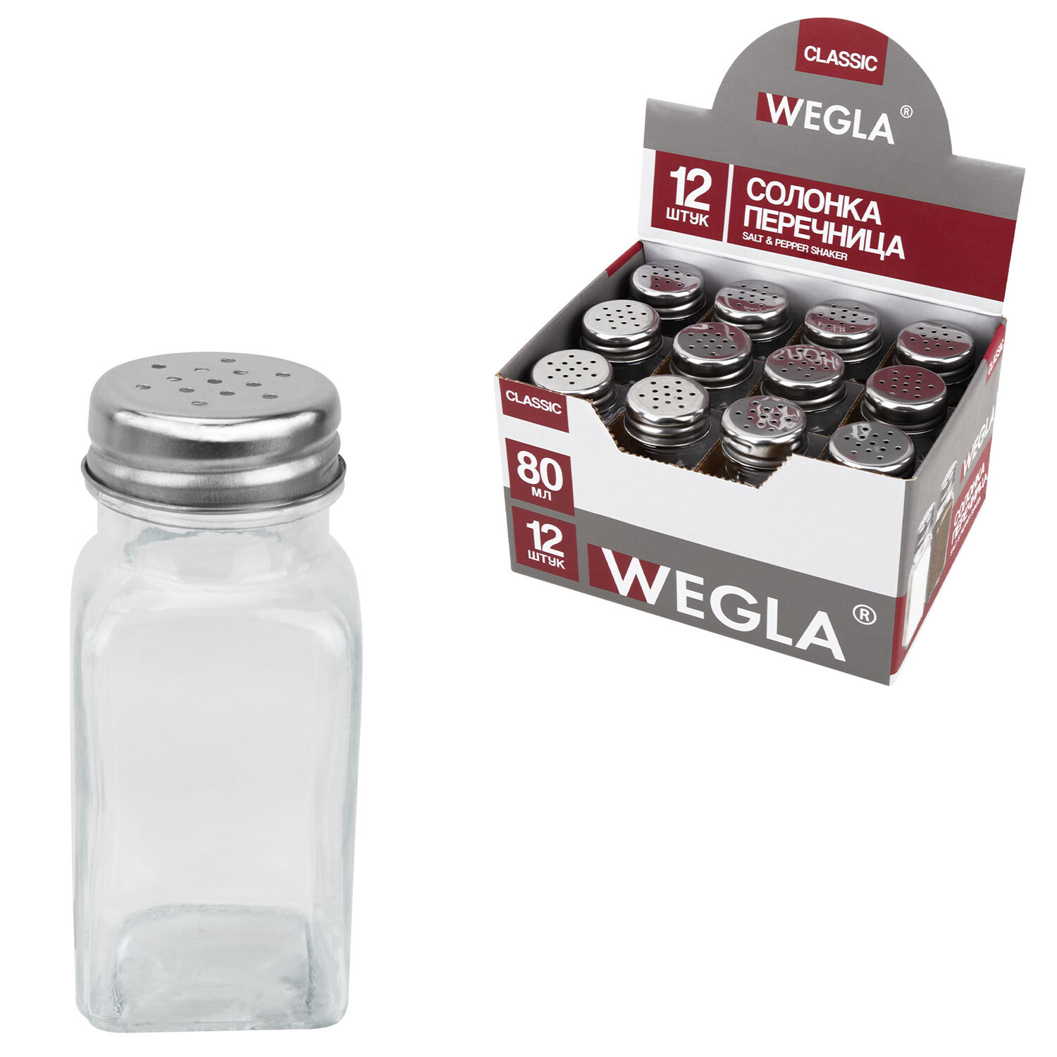 Солонка-перечница 80 мл, CLASSIC, баночка для специй, стекло/сталь, дисплей, WEGLA (ВЕГЛА), 700225