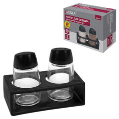 Набор для специй 2&times;60 мл, BASIC, подставка + солонка + перечница, стекло/<wbr/>пластик, черный, WEGLA (ВЕГЛА), 700232