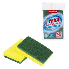 Губки для посуды 95&times;65&times;20 мм, ЦЕЛЛЮЛОЗНЫЕ + АБРАЗИВ, КОМПЛЕКТ 2 штуки, желтые/<wbr/>зеленый абразив, LAIMA, 700256