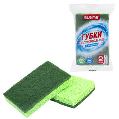 Губки для посуды 110&times;70&times;20 мм, ЦЕЛЛЮЛОЗНЫЕ + АБРАЗИВ, КОМПЛЕКТ 2 штуки, зеленые/<wbr/>зеленый абразив, LAIMA, 700258
