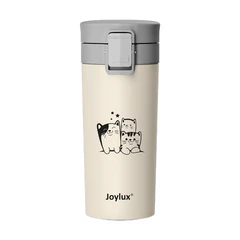 Термокружка 380 мл JOYLUX (ДЖОЙЛЮКС) CLASSIC CAT, нержавеющая сталь SUS304, бежевый с принтом, 700272