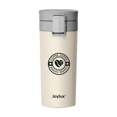 Термокружка 380 мл JOYLUX (ДЖОЙЛЮКС) CLASSIC COFFEE, нержавеющая сталь SUS304, бежевый с принтом, 700273