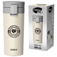 Термокружка 380 мл JOYLUX (ДЖОЙЛЮКС) CLASSIC COFFEE, нержавеющая сталь SUS304, бежевый с принтом, 700273