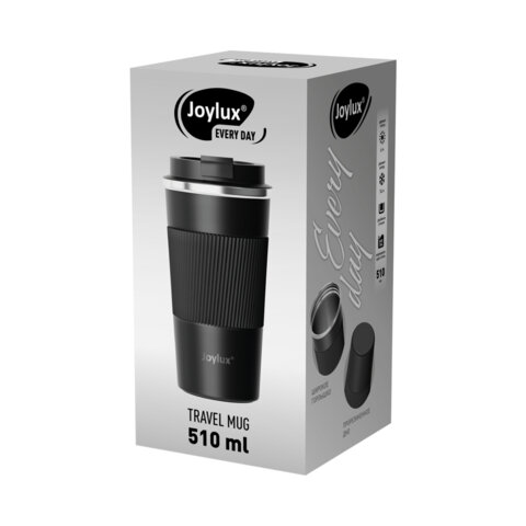 Термокружка 510мл JOYLUX EVERY DAY, нерж. сталь SUS304, силиконовый рукав, черный матовый, 700292