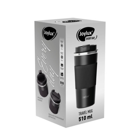 Термокружка 510мл JOYLUX EVERY DAY, нерж. сталь SUS304, силиконовый рукав, черный матовый, 700292