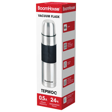 Термос 0,5л, BOOMHOUSE CLASSIC, нерж. сталь SUS304, черный силиконовый рукав, крышка/кружка, 700307