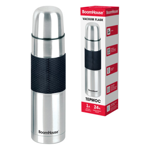 Термос 1л, BOOMHOUSE CLASSIC, нерж. сталь SUS304, черный силиконовый рукав, крышка/кружка, 700308