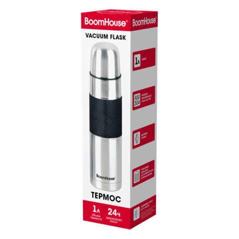 Термос 1л, BOOMHOUSE CLASSIC, нерж. сталь SUS304, черный силиконовый рукав, крышка/кружка, 700308
