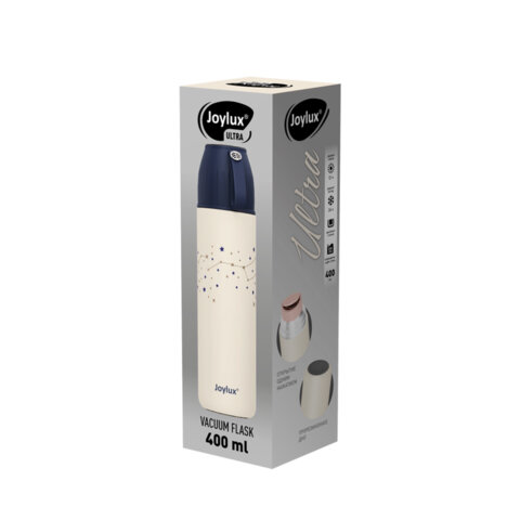 Термос 0,4л JOYLUX ULTRA, нерж. сталь SUS304, крышка/кружка + ремешок, звезды, 700311