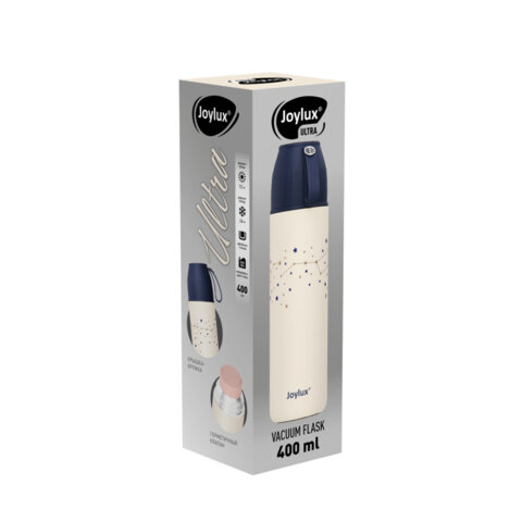 Термос 0,4л JOYLUX ULTRA, нерж. сталь SUS304, крышка/кружка + ремешок, звезды, 700311