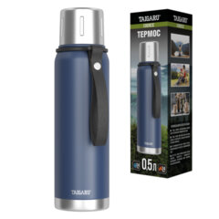 Термос 0,5 л TAIGARU (ТАЙГАРУ) CHOICE, нержавеющая сталь SUS316, крышка/<wbr/>кружка, ремешок, синий матовый, 700312
