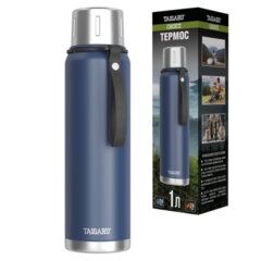 Термос 1 л TAIGARU (ТАЙГАРУ) CHOICE, нержавеющая сталь SUS316, крышка/<wbr/>кружка, ремешок, синий матовый, 700313