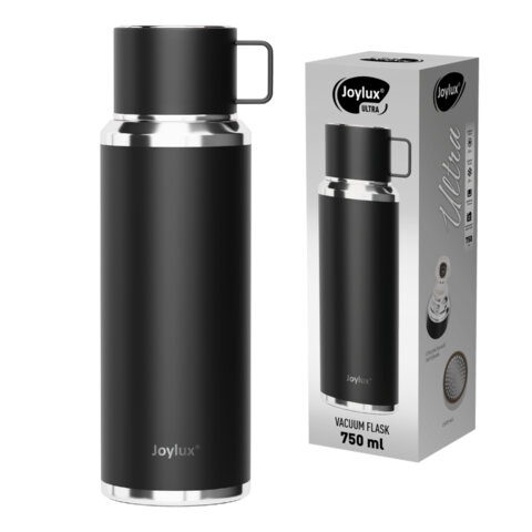 Термос 0,75л JOYLUX ULTRA, нерж. сталь SUS316, крышка/кружка, питейник, сито, черный матовый, 700314