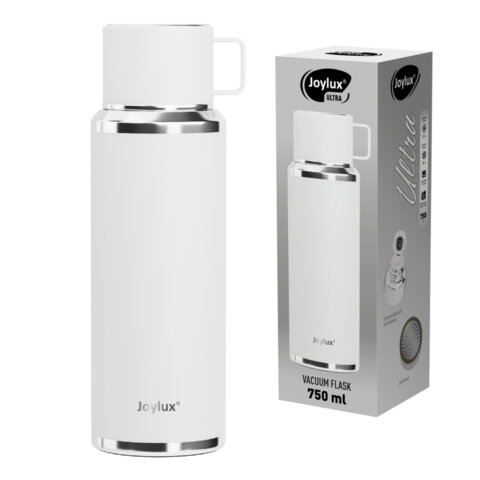 Термос 0,75л JOYLUX ULTRA, нерж. сталь SUS316, крышка/кружка, питейник, сито, белый матовый, 700315