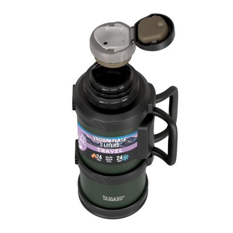 Термос 2,0л TAIGARU TRAVEL нерж. сталь SUS304, 2 кружки, скрытая ручка,ситечко,темно-зеленый, 700316