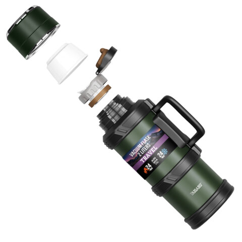 Термос 2,0л TAIGARU TRAVEL нерж. сталь SUS304, 2 кружки, скрытая ручка,ситечко,темно-зеленый, 700316