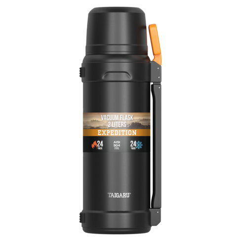 Термос 2,0л TAIGARU EXPEDITION нерж. сталь SUS304, 2 кружки, 2 ручки, ситечко, черный, 700317