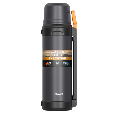 Термос 2,5л TAIGARU EXPEDITION нерж. сталь SUS304, 2 кружки, 2 ручки, ситечко, графитовый, 700318