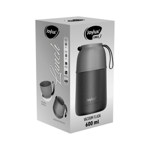 Термос 0,6л для еды/напитков с широким горлом, JOYLUX LUNCH, нерж. сталь SUS304, ложка-вилка, 700326