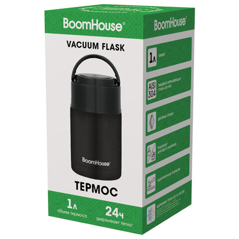 Термос 1л для еды/напитков с широким горлом, BOOMHOUSE LUNCH, нерж. сталь SUS304, черный, 700327